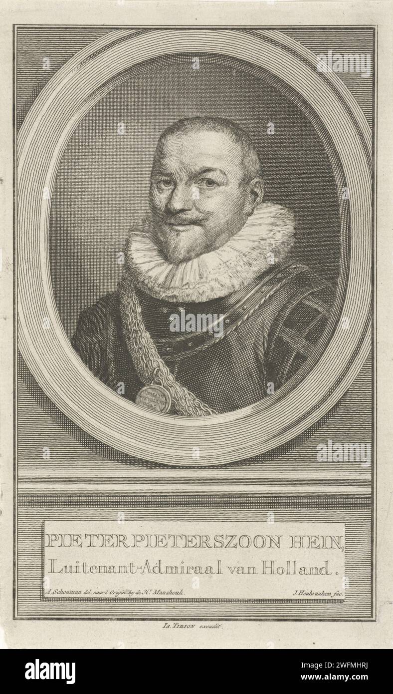 Porträt von Pieter Pietersz. Heyn, Jacob Houbraken, nach Aert Schouman, 1749–1759 Druckbüste links von Pieter Pietersz. Heyn im Oval. Das Porträt ruht auf einem Sockel, auf dem sein Name und sein Titel in zwei Zeilen in Niederländisch stehen. Amsterdamer Papiergravur/Ätzung Stockfoto