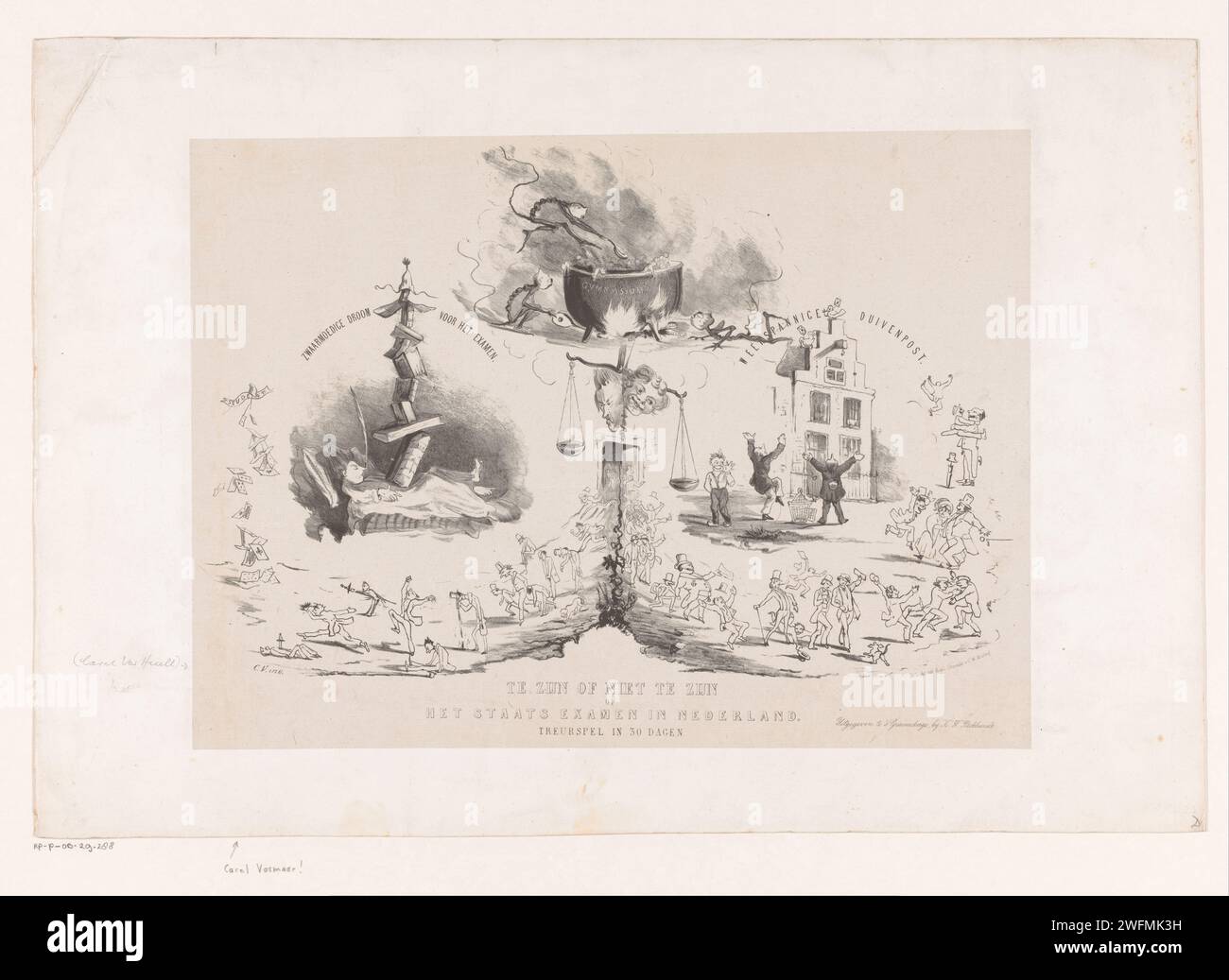 Cartoon über die staatliche Prüfung für die Zulassung zur Universität, 1850, Anonym, Carel Vosmaer, 1850 Druck Bartlepent über die staatliche Prüfung für die Zulassung zur Universität durch Minister Thorbecke, durch königlichen Erlass vom 1. Juli 1850. Links der Traum des Studenten im Bett und die traurigen Studenten, die nicht erfolgreich waren, rechts die glücklichen Studenten, die gestorben sind. Oben werden die Schüler im Gymnasium in einem großen Kessel gekocht. Das Haager Papier. Student. Prüfung  Universität. Sekundarschulbildung Stockfoto