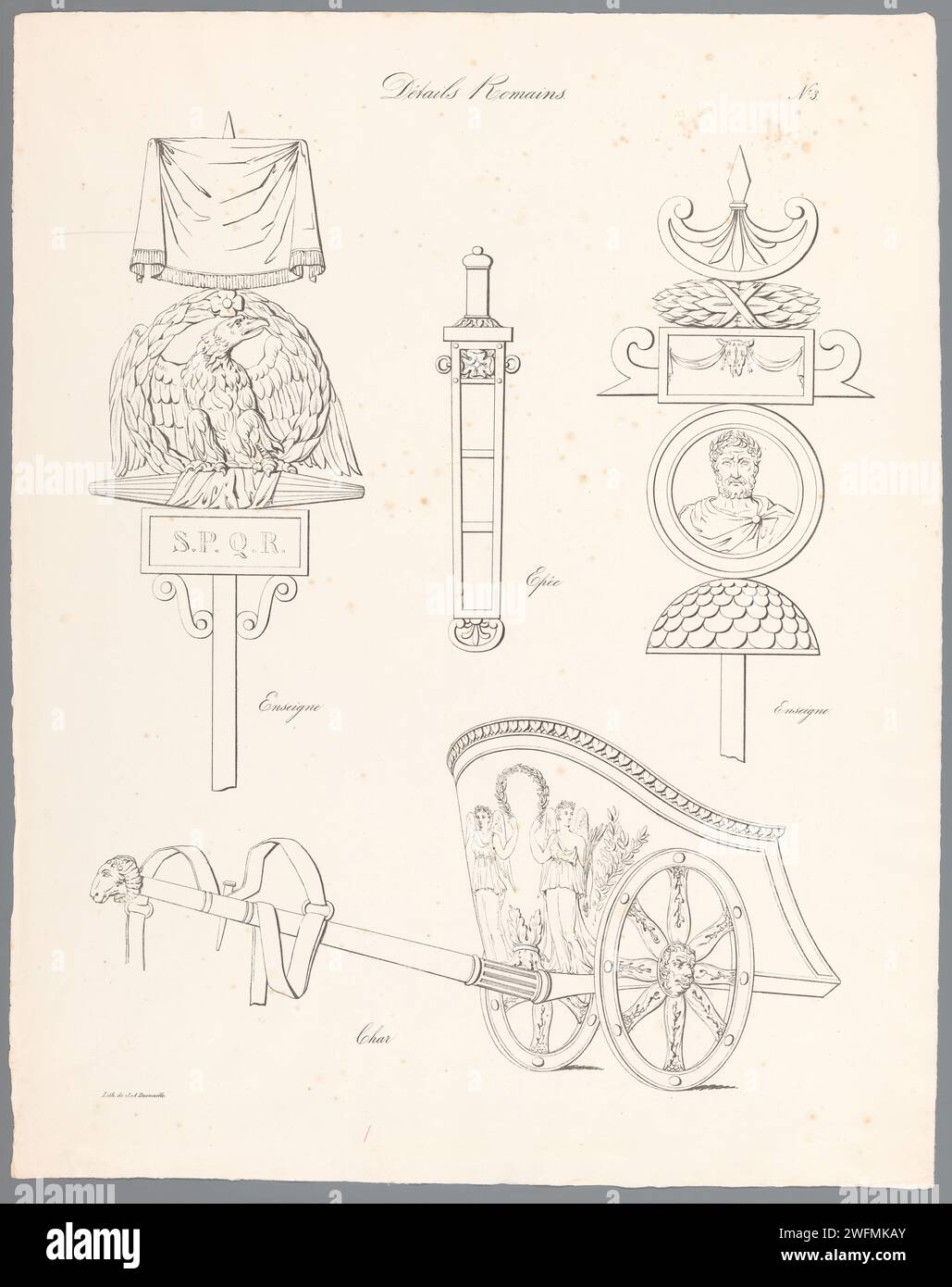 Zeichnungen Beispiele römische Objekte, Jean Augustin Daiwaille, 1820–1833 drucken links eine Legionenstärke, die mit einem Adler und einem Kranz verziert ist. Rechts steht eine Legion mit einem Porträt eines Kaisers. Auf dem Boden eines Wagens. Rechts oben nummeriert: Nr. 3. Dieser Ausdruck ist Teil eines Deckblatts mit einer Titelseite und sechs Ausdrucken. Amsterdam Papierbanner, Standard (als Symbol des Staates usw.). Römischer Wagen, Quadriga  Triumph Stockfoto