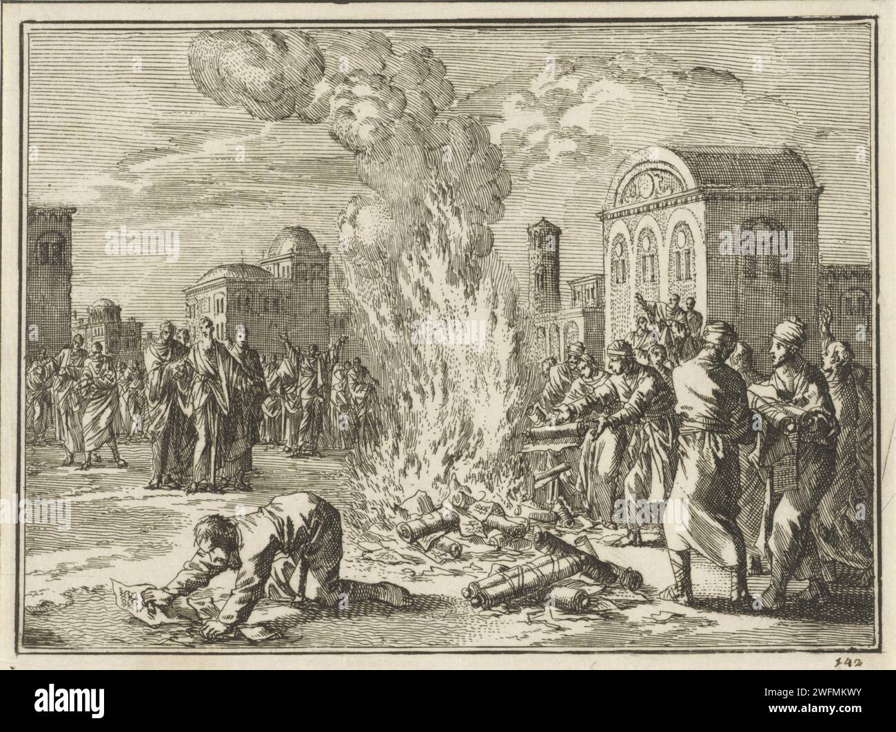Epheser verbrennen ihre Bücher in der Öffentlichkeit, Jan Luyken, 1712 Druck Amsterdamer Papier ätzend die Epheser brennen die Bücher der Exorzisten in der Öffentlichkeit Stockfoto