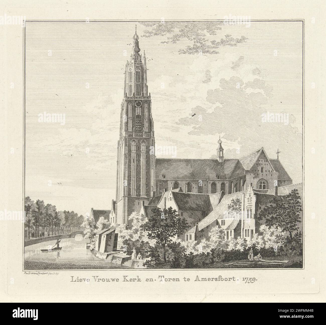 Ansicht der Onze-Lieve-Vrouwetoren und Kirche in Amersfoort, 1759, Paulus van Liender, 1759 Print Ansicht der Onze-Lieve-Vrouwetoren und der begleitenden Kirche in Amersfoort. Nach der Reformation diente die Kirche als Lager für Schießpulver und als Labor, in dem Granaten gefüllt wurden. Die Kirche explodierte 1787, der Turm blieb stehen. Utrechter Papierätzkirche (außen) Onze-Lieve-Vrouwetoren Stockfoto