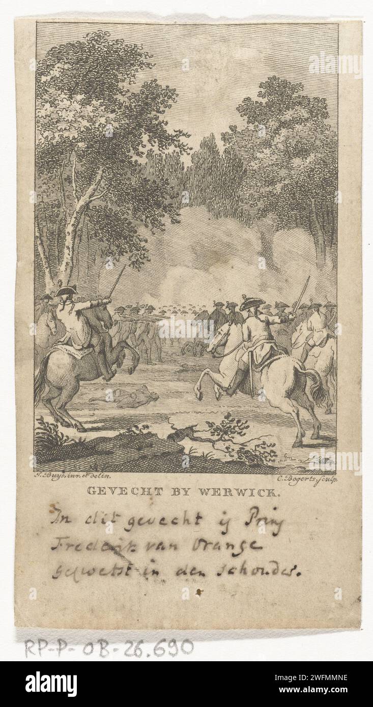 Schlacht von Wervik und die Verletzung des Prinzen, 1793, Cornelis Bogerts, nachdem Jacobus kauft, 1793–1795 Drucken Schlacht zwischen Koalitionsgruppen und der französischen Revolutionsarmee bei Wervik in Westflandern am 13. September 1793 verletzte Willem George Frederik, Prinz von Oranje-Nassau. Nordholland Papiergravur Schlacht (+ Kavallerie, Reiter) Wervik Stockfoto