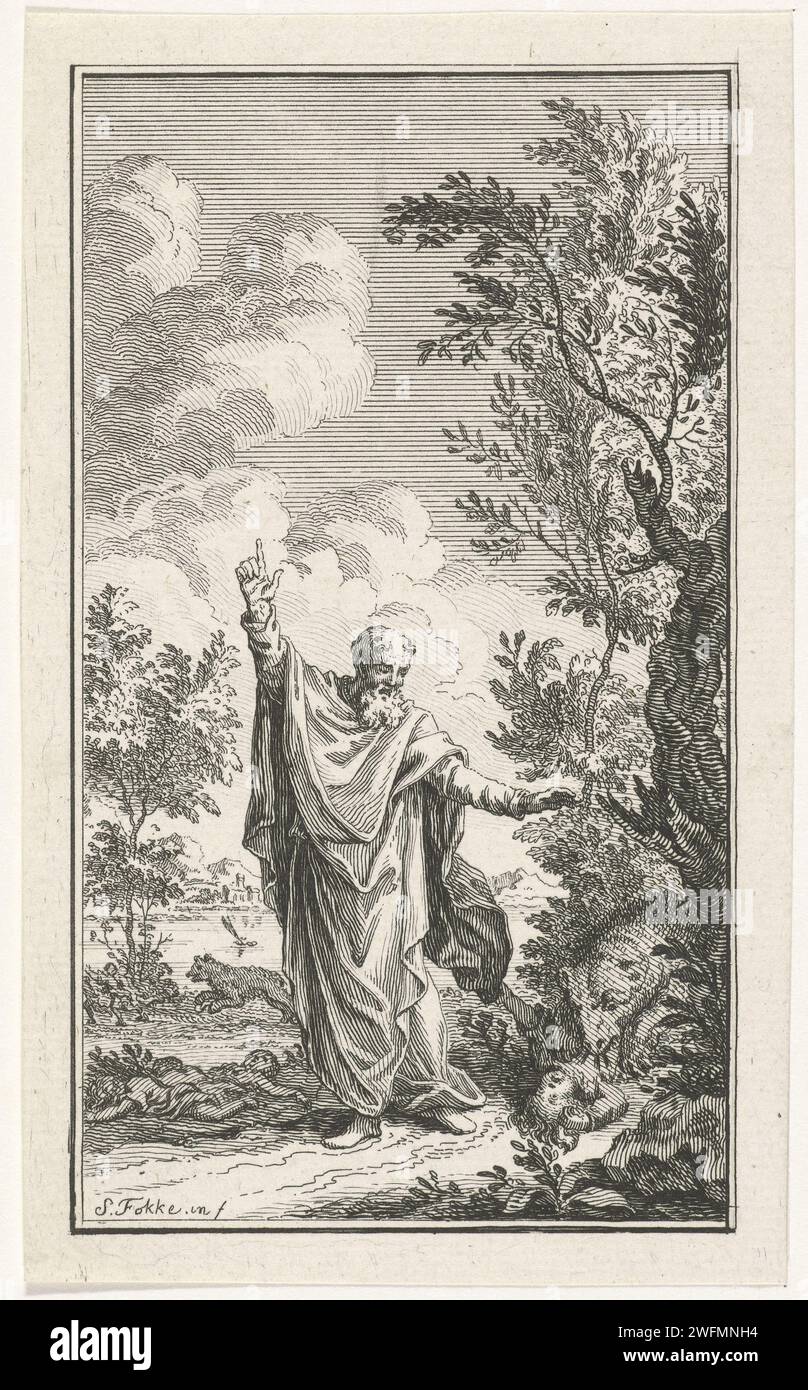 ELISA verflucht die Kinder, Simon Fokke, 1722–1784 Print Elisa verflucht eine Gruppe von Kindern, die ihn für Glatzkopf beschimpften. Sofort kommen zwei Bären aus dem Wald und die Kinder greifen an. ELISA steht im Vordergrund und spricht den Fluch aus. Amsterdamer Papier, das den Fluch der Kinder aufzeichnet: Wenn Elisha auf dem Weg ist, verspotten ihn einige Kinder wegen seiner Kahlheit; Elisha verflucht sie (2. Könige 2,23-25) Stockfoto