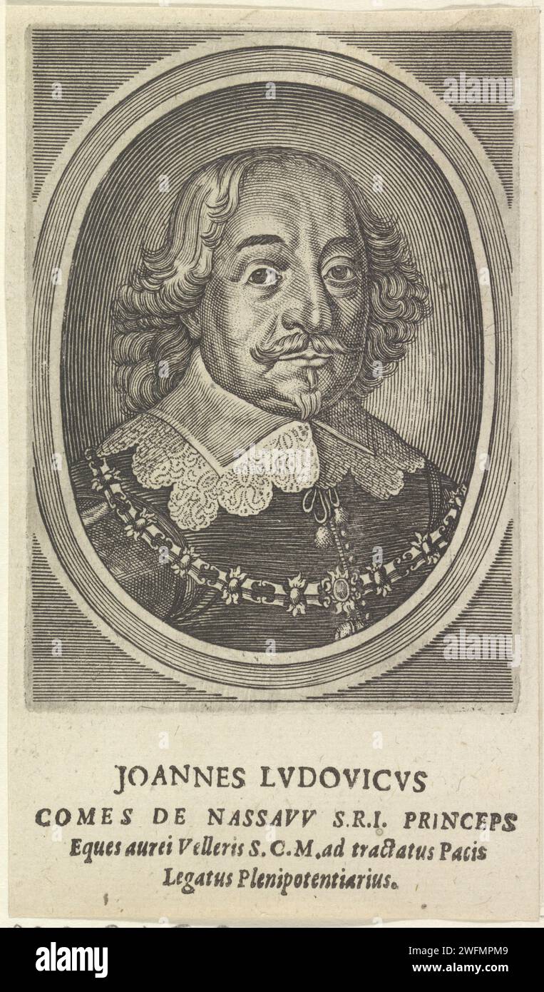 Porträt von Johan Lodewijk, Graf von Nassau-Hadamar, 1610–1699 Druck Porträt von Johan Lodewijk in einem Oval. Papier Gravur / Ätzung / Buchdruck in den Niederlanden Stockfoto