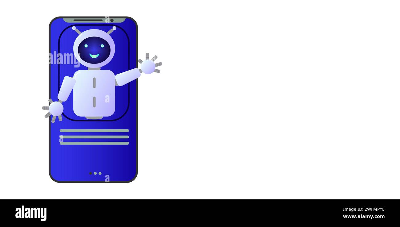 Chatbot Assistent von Roboter mit Ai 3d. Nettes freundliches Bot-neuronales Netzwerk. Isolierter Ort für Text. Website-Design von Social-Networking-Anwendungen. Vektorabbildung. Stock Vektor