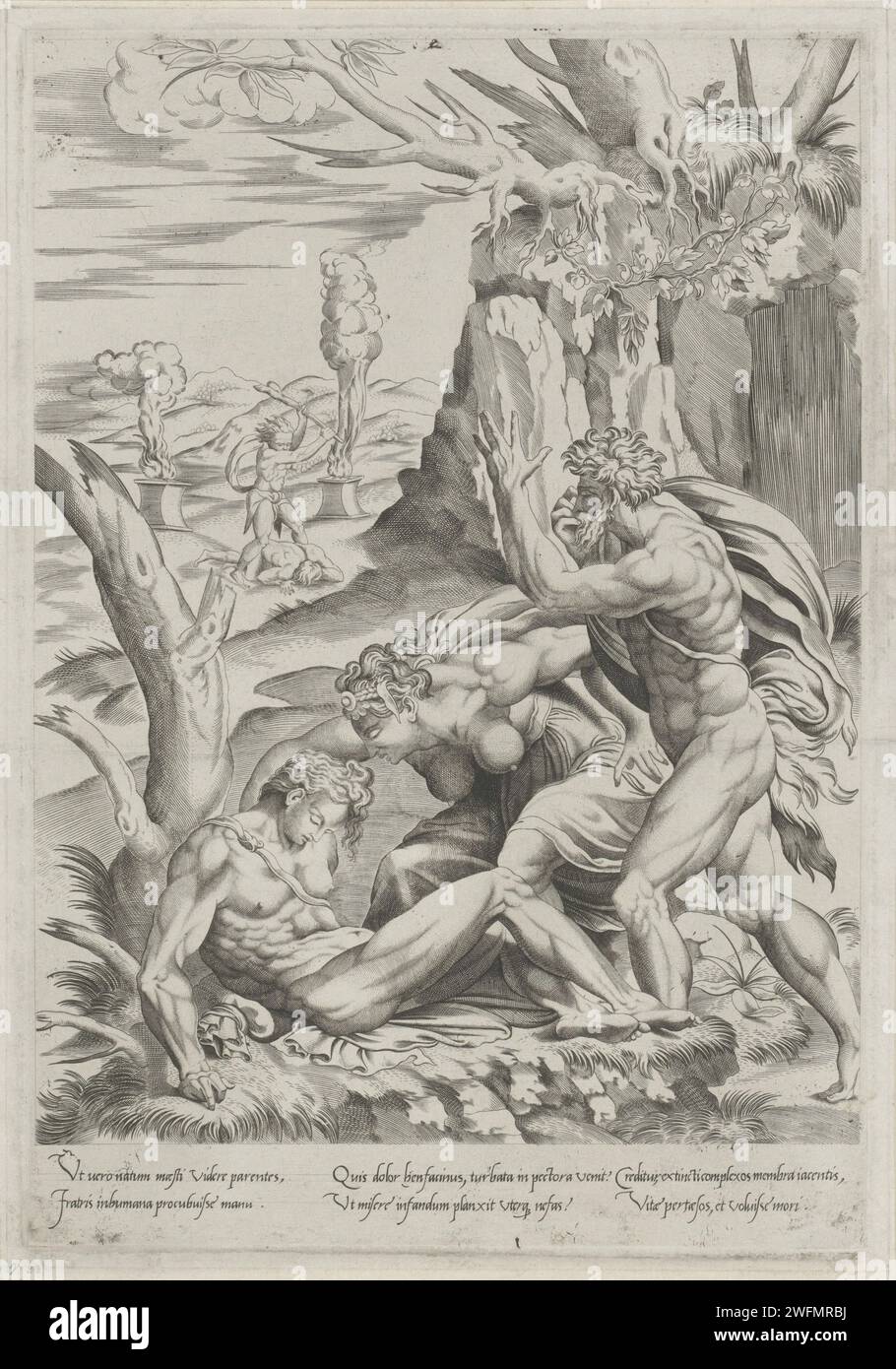 Adam en Eva bewenen Abel, Nicolas Beatrizet (zugeschrieben), 1525–1565 Druck Adam und Eva sind über die Leiche von Abel geknickt. Im Hintergrund Kain, der Abel tötet. Italien Papiergravur Adam und Eva entdecken die Leiche von Abel und trauern darüber. Abels Tod Stockfoto