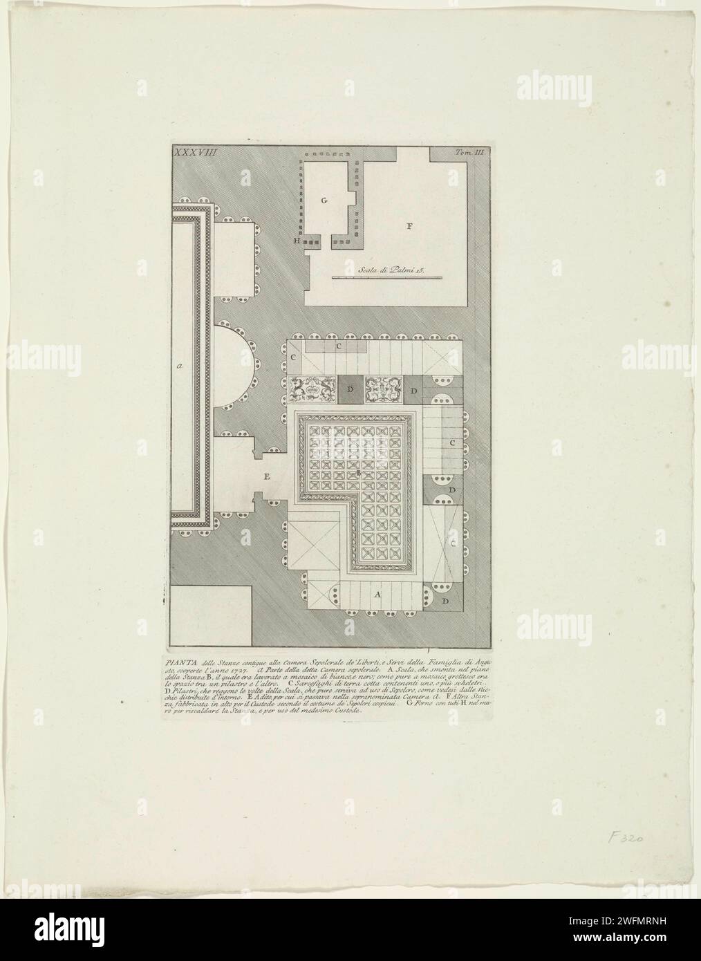 Karte mit Grabkammern der Freigelassenen und Sklaven aus Augustus, Giovanni Battista Piranesi, ca. 1756 - ca. 1757 drucken Karte mit links der Grabkammer der Freigelassenen (Liberti) und Sklaven der Familie Augustus, rechts die angrenzenden Räume. Oben links nummeriert: XXXVIII. Oben rechts nummeriert: Tom. III Unter einem Titel und einer erläuternden Liste von Buchstaben, gedruckt von einer anderen Platte. Rom Papierätzung Ruine eines Gebäudes  Architektur. Grab, Grab. Planung  Architektur. Sklaverei; Leibeigene und Versklavte. Freiheit  Sklaverei Italien Stockfoto
