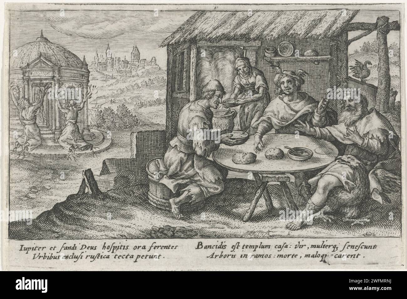 Jupiter und Mercury besuchen Philemon und Baucis, Crispijn van de Passe (I), 1602 - 1607 Druck Jupiter und Mercury, in Form von Reisenden, besuchen Philemon und Baucis, die ihnen Gastfreundschaft bieten. Auf der linken Seite im Hintergrund Philemon und Baucis, die sich in eine Eiche und eine Linde verwandeln. Am Rand eine vierzeilige Beschriftung in zwei Spalten auf Lateinisch. Der Kölner Papierstich Philemon und seine Frau Baucis unterhalten Jupiter und Mercury gastfreundlich in Traveller-Gewand; möglicherweise fliegt eine Gans, die sie für diesen Anlass zu töten versuchen, zu den Besuchern Zuflucht zu suchen. Philemon und Baucis verwandelten sich in Eiche und Limette Stockfoto
