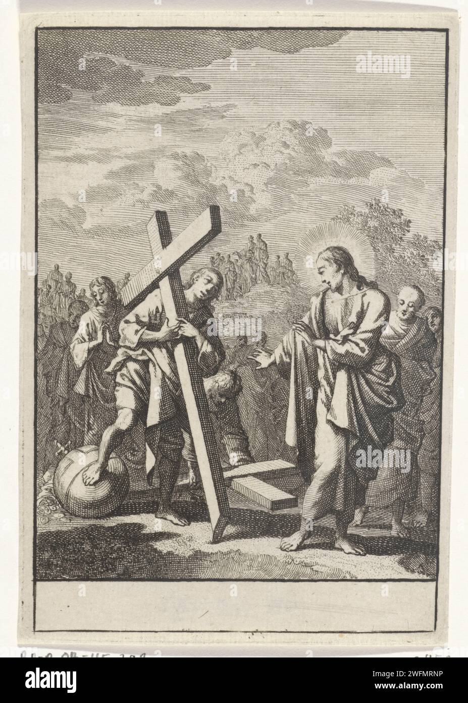 Titelseite von Thomas à Kempis 'Naavolging von Jesus Christus', 1707, Jan Luyken, 1707 Druck Amsterdamer Papier mit dem Kreuz  Symbole Christi. Christus. Die Erde, die Welt als Himmelskörper Stockfoto