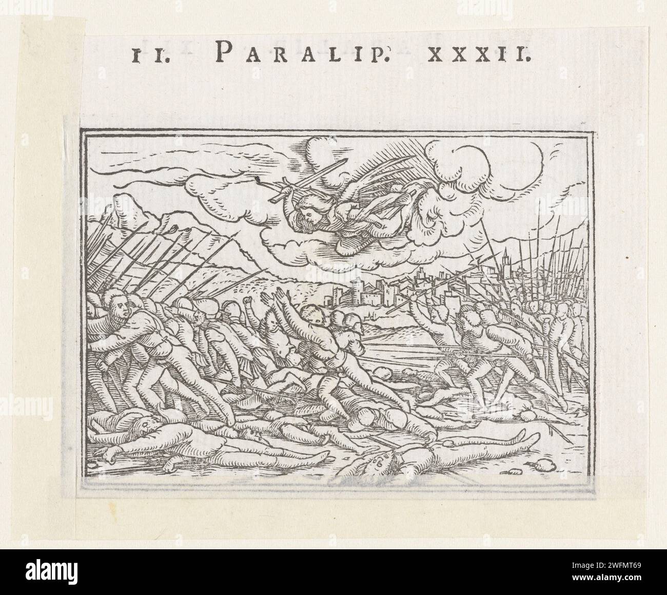 Engel tötet die Truppen von Sanherib, Hans Holbein (II), 1538 drucken ein Engel, der von Gott gesandt wurde, tötet die assyrischen Truppen von König Sanherib und hilft König Jeechia und den Bewohnern Jerusalems. Am Rand über dem Bild befindet sich der Text II Paralip XXXII [2 Chronicles 32]. In der Nacht dezimiert ein Engel des Herrn das assyrische Lager: 185,000 Soldaten werden getötet Stockfoto
