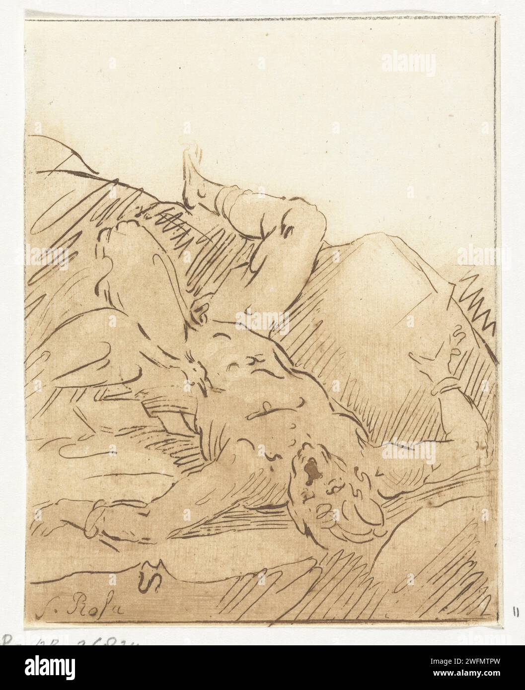 Prometheus angekettet, Anthonie van den Bos, nach Salvator Rosa, 1778–1838 Druck Prometheus ist an einen Felsen gekettet und ein Adler nimmt seine Leber auf. Prometheus erhielt diese Strafe von Jupiter, weil er das Feuer gestohlen und dem Volk gegeben hatte. Niederlande Papierätzung (Geschichte von) Prometheus. Ein Adler weint an Prometheus' Leber Stockfoto