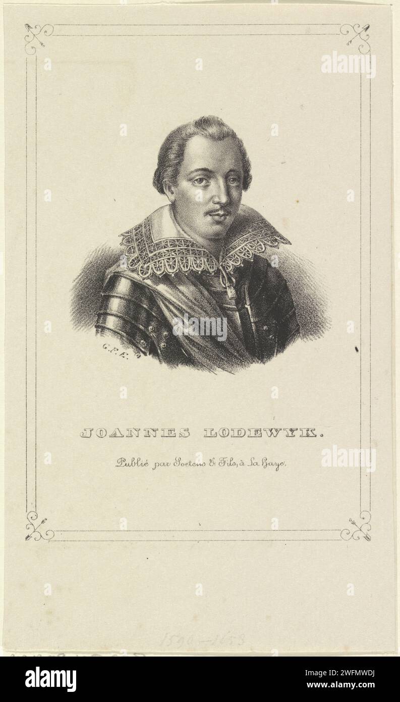 Porträt von Johan Lodewijk, Graf von Nassau-Hadamar, ca. 1837 - ca. 1840 Druckbild Porträt von Johan Lodewijk in einem verzierten Rechteck. Sein Name am unteren Rand. Das Haager Papier Stockfoto
