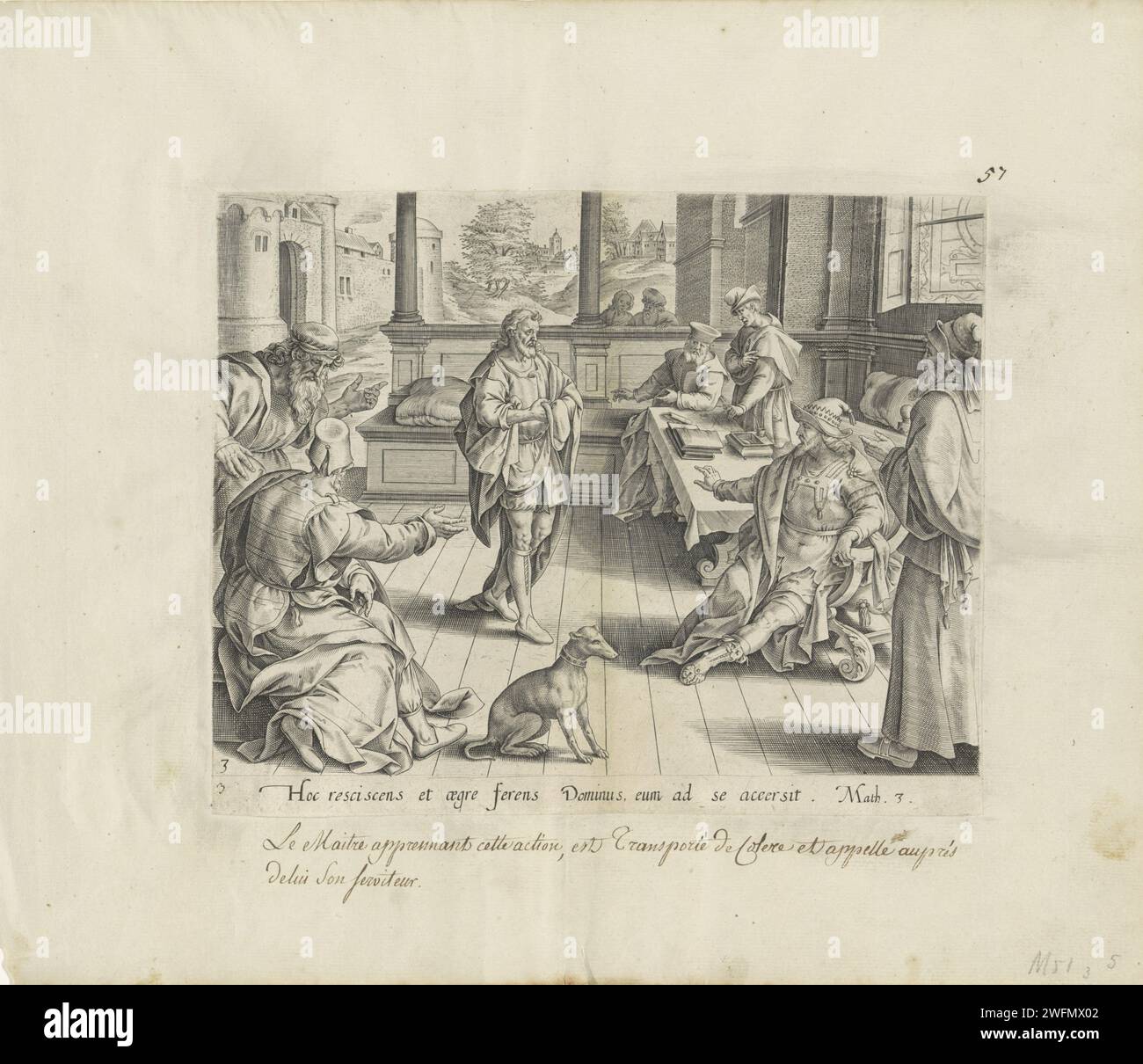 Unwiderstehlicher Diener vor dem König gebracht, Anonym, 1585 Druck der gnadenlose Diener steht in einer Öffnung vor dem Thron des Königs und muss sein Verhalten erklären. Seine Schulden wurden vom König aufgegeben, aber dann hatte er einen anderen Diener ins Gefängnis gesteckt, weil er seinerseits ein wenig schuldig war. Der König ist wütend, weil der Diener nicht zeigt, wie er Mitleid gezeigt hat. Auf dem Tisch Bücher und ein Tintenset. Im Vordergrund ein Hund. Unter dem zeigen Sie einen Hinweis auf lateinisch auf den Bibeltext in MAT. 18. Die Kapitelnummer ist falsch angegeben: 3 statt 18. Antwerpener Papier, das den Vorwurf des Königs graviert Stockfoto