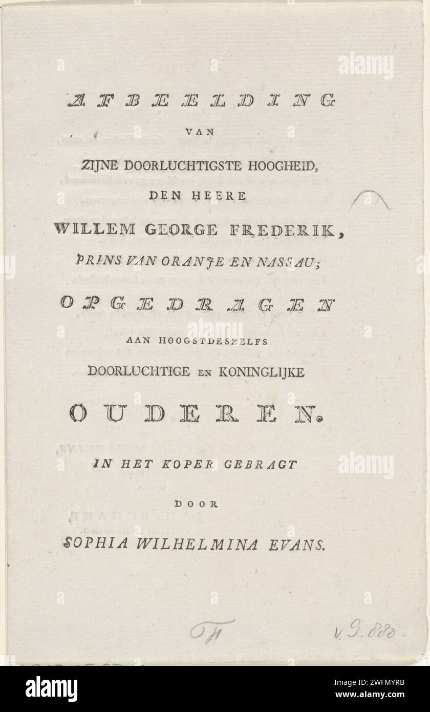 Text auf dem Porträt von Frederik, Prinz von Oranje-Nassau, Jan Scharp, 1790 - 1816 Text-Blatt-Papier-Buchdruck Stockfoto