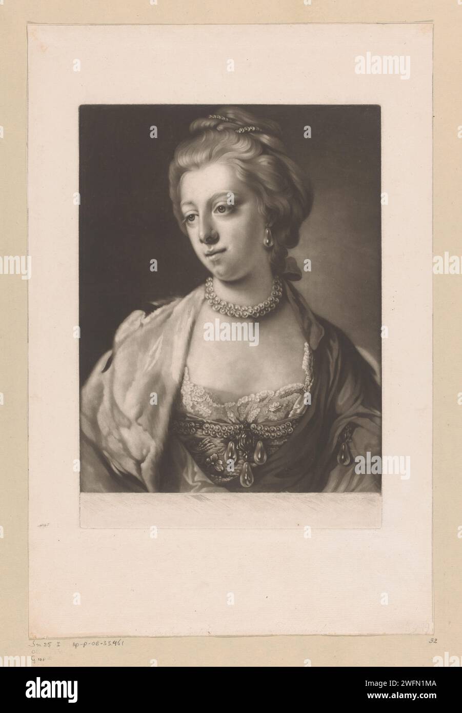 Porträt von Caroline Mathilde van Wales, James Watson (Druckerei), nach Francis Cotes, 1766 - ca. 1770 Druck Londoner Zeitung historische Personen - BB - Frau. perle; Perlenkette Stockfoto