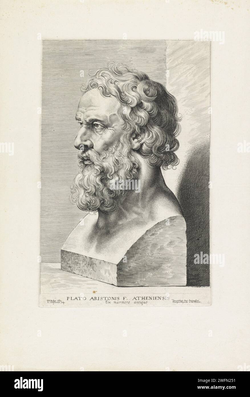 Buste van Plato, Lucas Vorsterman (I), nach Peter Paul Rubens, nach Anonym, 1630–1638 Druckbüste von Platon. Druck aus einer Serie von zwölf Drucken mit antiken Büsten, von denen vier von Lucas Vorsterman I. und acht von Boëtius Adamsz stammen. Bolswert. Antwerpener Papierstich männlicher Personen aus der Klassischen Geschichte (PLATO). Skulptur, Reproduktion einer Skulptur Stockfoto