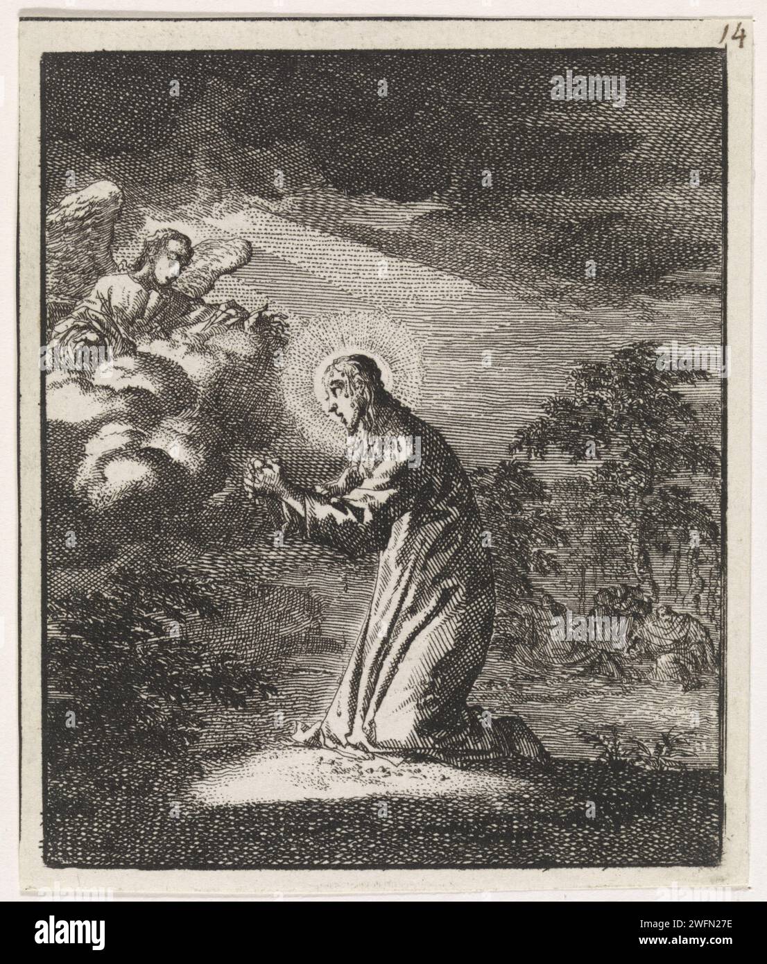 Christ in the Hof van Getsemane, Jan Luyken, 1704 Druck Amsterdamer Papier, das Christi Gebet im Garten Gethsemane während der Nacht ätzt. Qual Christi: Um ihn zu trösten, erscheinen Christus ein oder mehrere Engel mit Kelch und/oder Kreuz Stockfoto Christ in the Hof van Getsemane, Jan Luyken, 1704 Druck Amsterdamer Papier, das Christi Gebet im Garten Gethsemane während der Nacht ätzt. Qual Christi: Um ihn zu trösten, erscheinen Christus ein oder mehrere Engel mit Kelch und/oder Kreuz Stockfoto