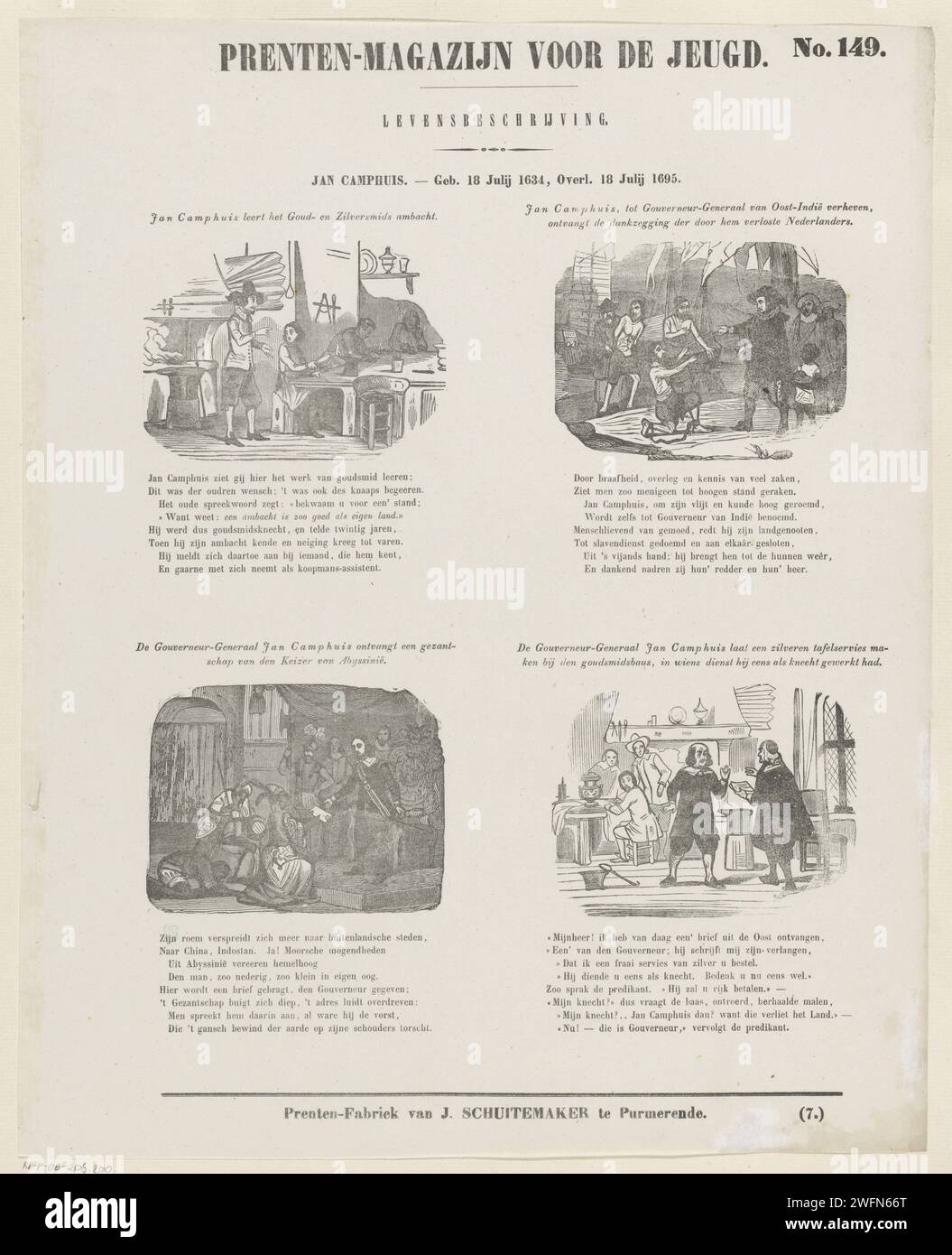 Jan Camphuis. - Geboren am 18. Juli 1634, d. 18. Juli 1695, 1850 Print Leaf mit 4 Aufführungen aus dem Leben von Joannes Camphuys. Ein Titel über jeder Aufführung und ein achtzeiliger Vers darunter. Oben rechts nummeriert: Nr. 149, unten rechts: (7.). Verlag: Purmerendprint Maker: Niederlande Papier Buchdruck historische Personen. Juwelier, Goldschmied, Silberschmied Stockfoto