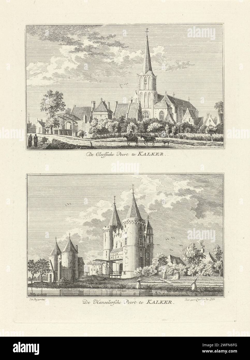 Kleefse und Hanselersche Poort in Kalker, Paulus van Liender, nach Jan de Beijer, 1758 drucken zwei Aufführungen einer Platte. Gesichter an der Kleefse Poort (oben) und der Hanselerschen Poort (unten) in Kalkar. Der Druck ist Teil einer 100-teiligen Serie mit Gesichtern über Dörfer und Städte in Kleef. Papier mit Blick auf die Stadt und die Landschaft mit künstlichen Bauten. Das Stadttor steht auf Stockfoto