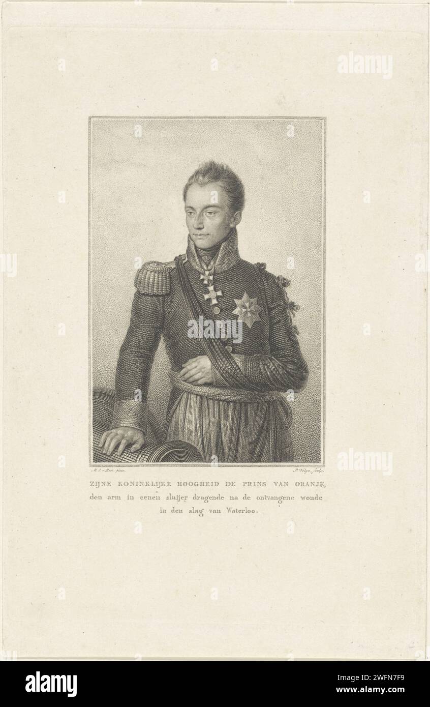 Porträt von Willem II., König der Niederlande, Philippus Velijn, nach Mattheus Ignatius van Bree, 1815–1836 Druck Porträt von Willem II Sein linker Arm wurde in der Schlacht von Waterloo am 18. Juni 1815 verletzt. Drei Zeilen niederländischer Text am unteren Rand. Niederlande Papiergravur/Ätzung Stockfoto