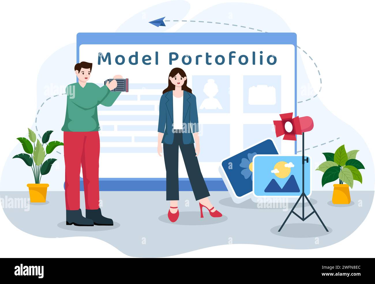 Model Portfolio Vector Illustration mit Modeling Agency Manager und Fotograf Fotografieren von Modell in Plattform Flat Cartoon Hintergrund Design Stock Vektor