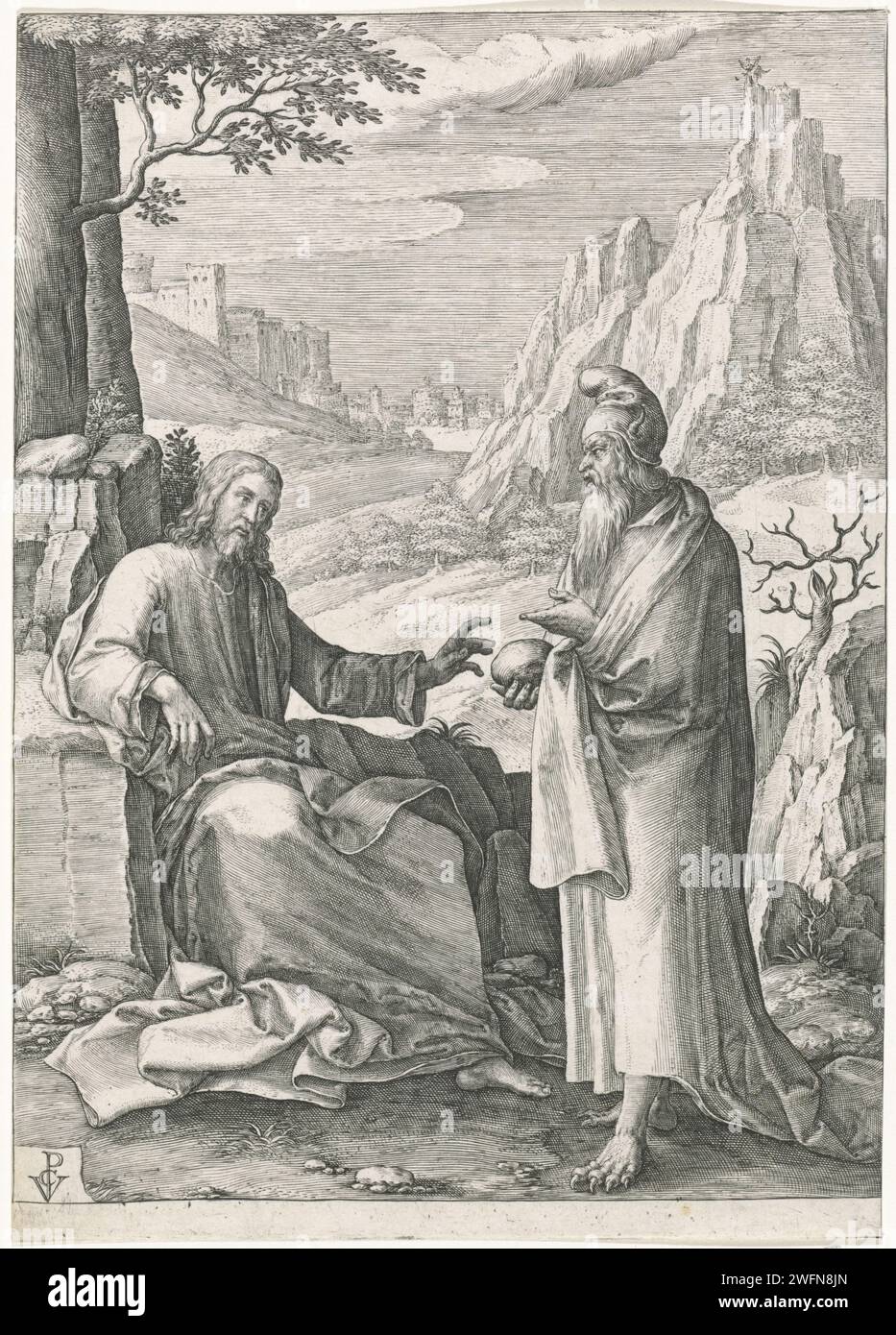Take of Christ in the Desert, Crispijn van de Passe (I), 1574–1637 Druck Ein Teufel in menschlicher Form zeigt Christus und bittet ihn, den Stein im Brot als Zeichen der Göttlichkeit Christi zu ändern (Mat. 4,1–11). Auf einem darunter liegenden Berggipfel zeigt der Teufel Christus alle Königreiche der Welt, um ihn zu verführen. Unbekannte Papiergravur Christus, manchmal begleitet von Schutzengeln, versucht von Satan, der normalerweise in menschlicher Form erscheint Stockfoto