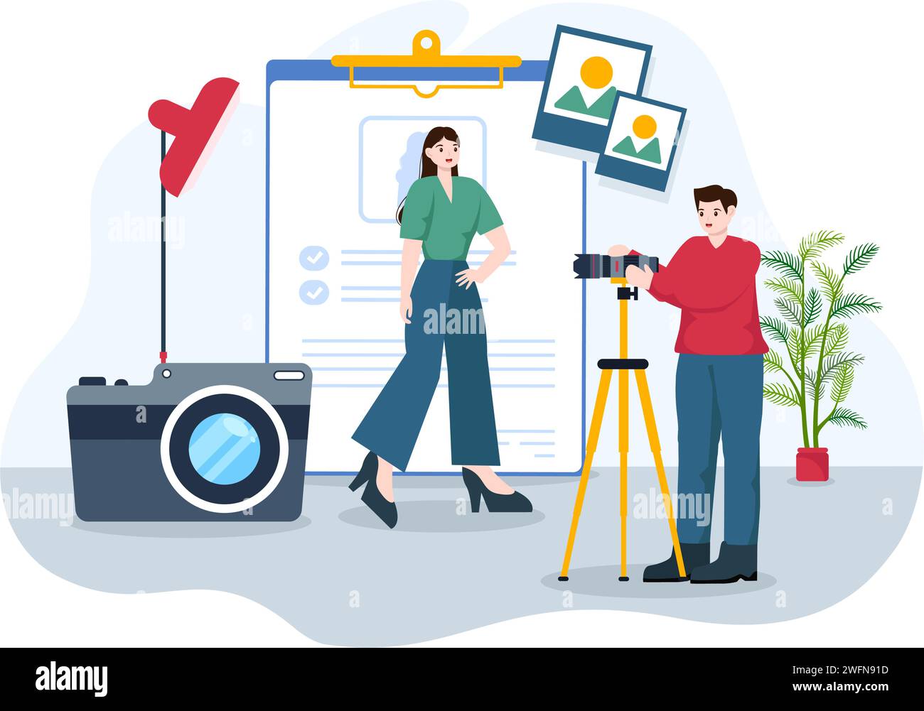 Model Portfolio Vector Illustration mit Modeling Agency Manager und Fotograf Fotografieren von Modell in Plattform Flat Cartoon Hintergrund Design Stock Vektor