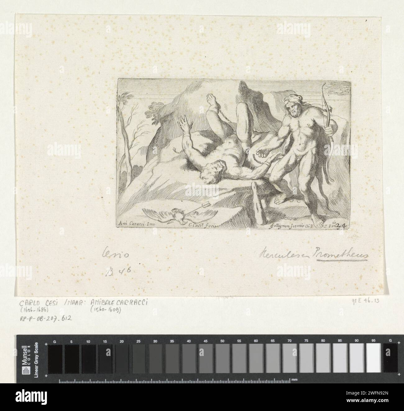 Hercules befreit Prometheus, 1656 Druck Prometheus ist an einen Felsen gekettet. Herkules befreit ihn. Im Vordergrund steht der tote Geier, der immer kam, um Promoteus' Leber zu beweisen. Printmacher: RomeAfter Design by: ItalyVerlag: RomeVaticaanstad Papierätzung Prometheus wird von Herkules auf seinem Weg in den Garten der Hesperiden befreit: Er erschießt den Adler mit einem Pfeil Stockfoto