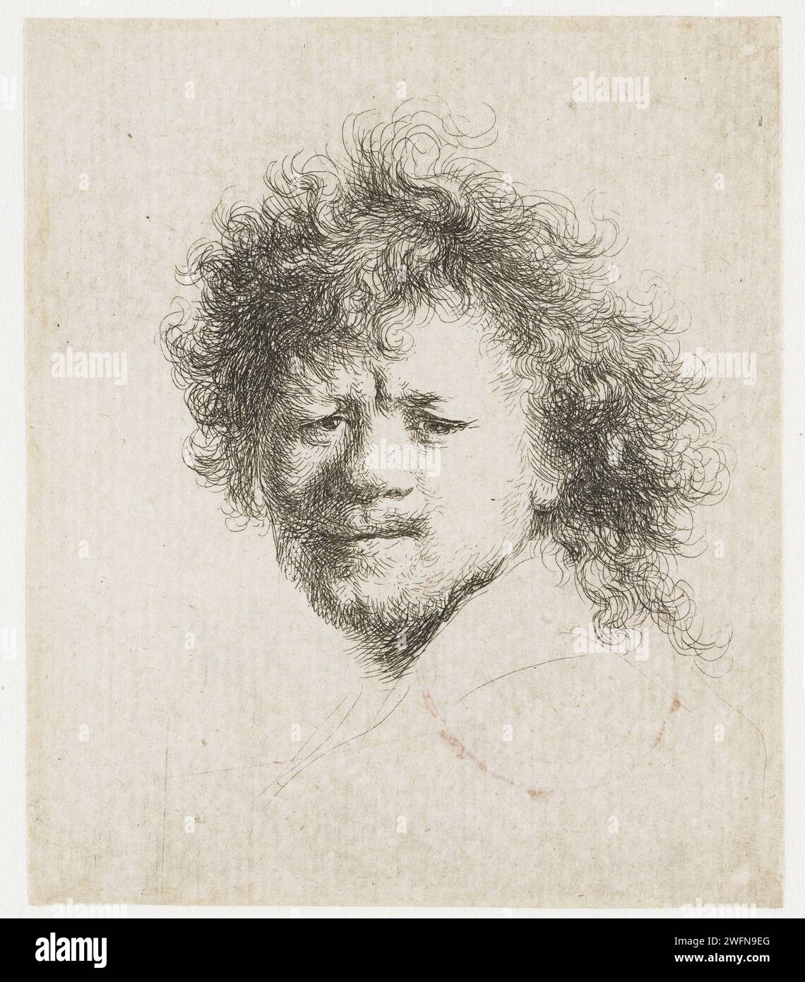 Selbstporträt mit langen, buschigen Haaren, Rembrandt van Rijn, ca. 1631 Druckpapierätzung Stockfoto