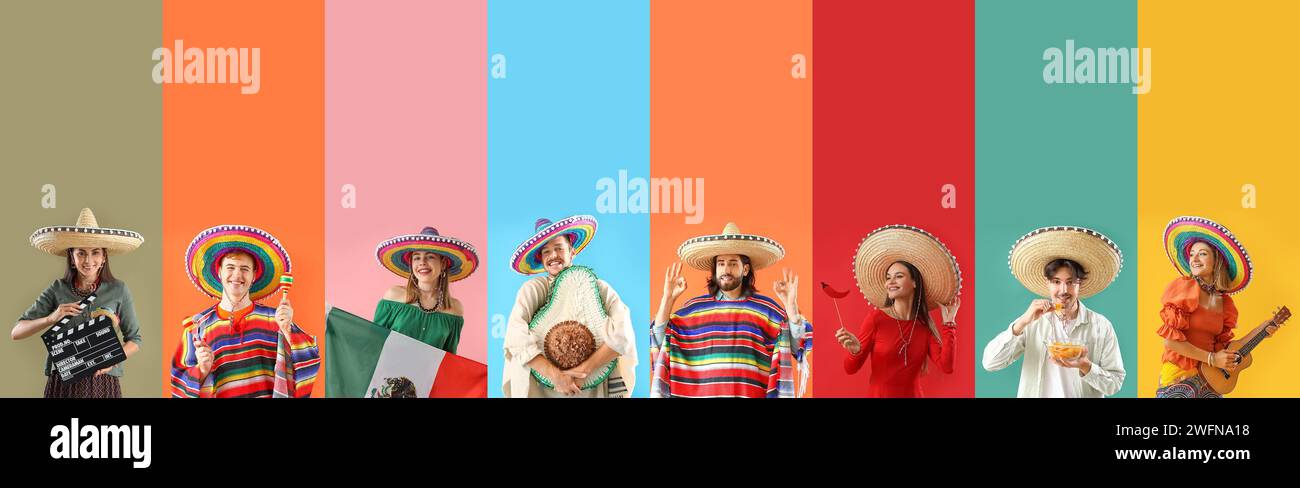 Set von mexikanischen Menschen auf farbigem Hintergrund Stockfoto