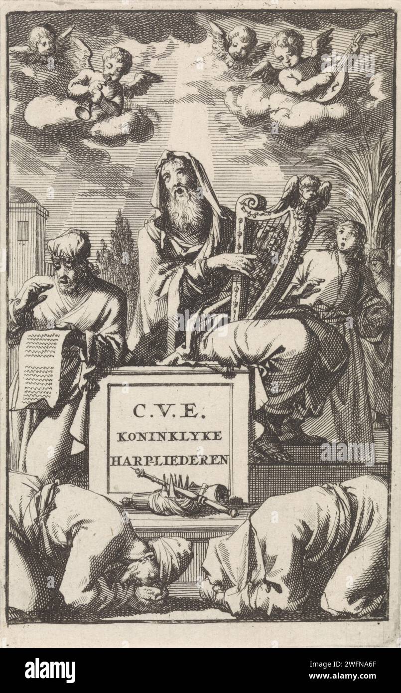 David spielt auf seiner Harfe, Jan Luyken, 1698 Druck David spielt auf seiner Harfe in Gegenwart eines jungen Menschen und eines Priesters. Vor ihm stehen Krone, Schriftrolle und Zepter. Zwei Cherubins und zwei Musik-Engel in der Luft. Im Vordergrund zwei tief geknickte Männer. Amsterdamer Papierätzung David (nicht im biblischen Kontext); mögliche Attribute: Krone, Harfe. Priester  Hierarchie der Priester. Engel singen, musizieren. Bogen zu einem Lineal (+ Variante). Abzeichen und Symbole der Souveränität (Krone, Diadem, Zepter, Kugel, Siegel, Standard, Mantel, Brustwand) Stockfoto