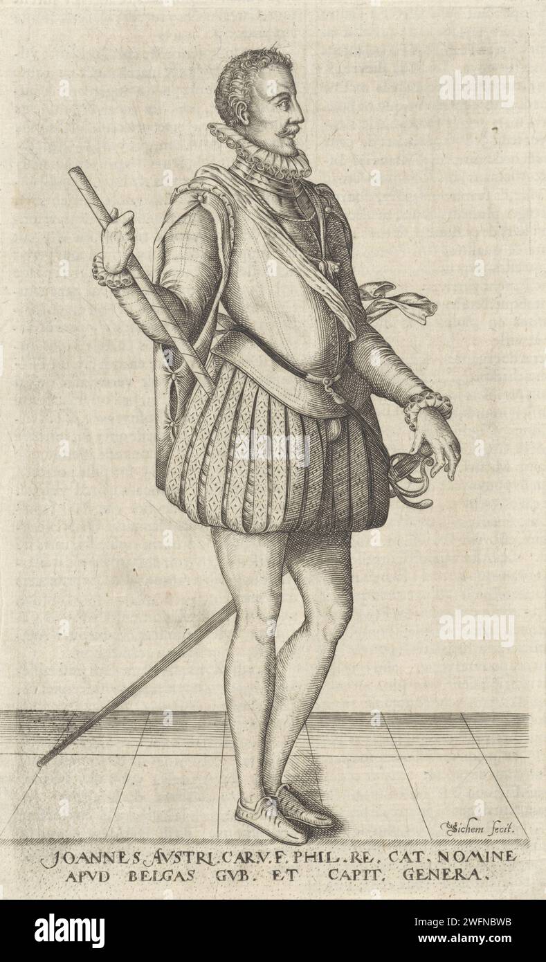 Porträt von Don Juan van Austria, Christoffel van SiChem (I), in oder vor 1601 Druck Porträt von Don Juan van Austria, Gouverneur der Niederlande. Er hält einen Kommandostab in der Hand. Unter dem lateinischen Druck befinden sich Name und Funktion. Papiergravur/Buchdruck Stockfoto