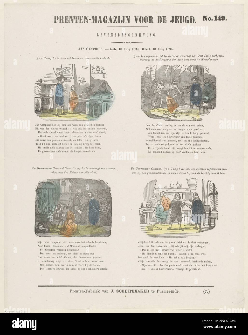 Jan Camphuis. - Geboren am 18. Juli 1634, d. 18. Juli 1695, 1850 Print Leaf mit 4 Aufführungen aus dem Leben von Joannes Camphuys. Ein Titel über jeder Aufführung und ein achtzeiliger Vers darunter. Oben rechts nummeriert: Nr. 149, unten rechts: (7.). Verlag: Purmerendprint Maker: Niederlande Papier Buchdruck historische Personen. Juwelier, Goldschmied, Silberschmied Stockfoto