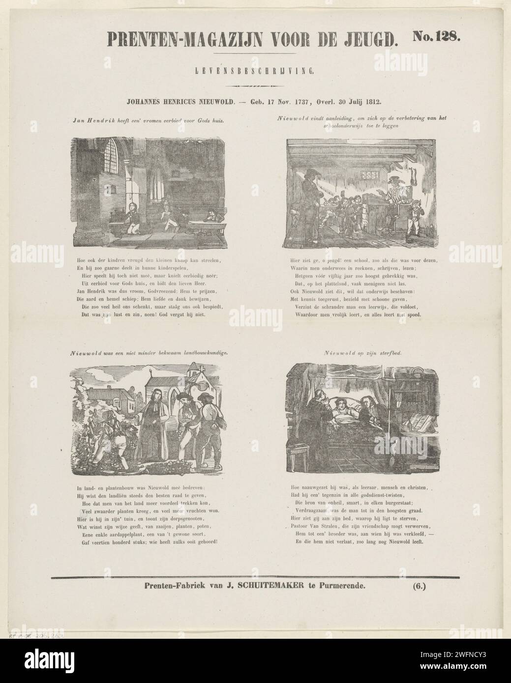 Johannes Henricus Nieuwold. - B. 17. November 1737, dez. 30. Juli 1812, 1850 Print Blatt mit 4 Aufführungen aus dem Leben von Johannes Henricus Nieuwold. Über jedem Bild ein Titel, unter jedem Bild eine achtzeilige Strophe. Rechts oben nummeriert: Nr. 128, unten nummeriert: (6.). Verlag: Purmerendprint Maker: Niederlande Papier Buchdruck historische Personen Stockfoto