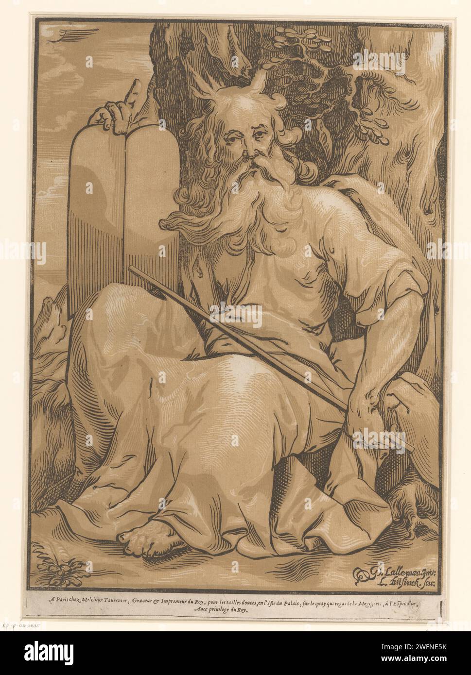 Mozes, Ludwig Büsinck, Georges Lallemand, 1600–1669 Druckpapier Moses (nicht im biblischen Kontext); mögliche Attribute: Lichtstrahlen oder Hörner auf dem Kopf, Stange, Gesetzestabellen Stockfoto