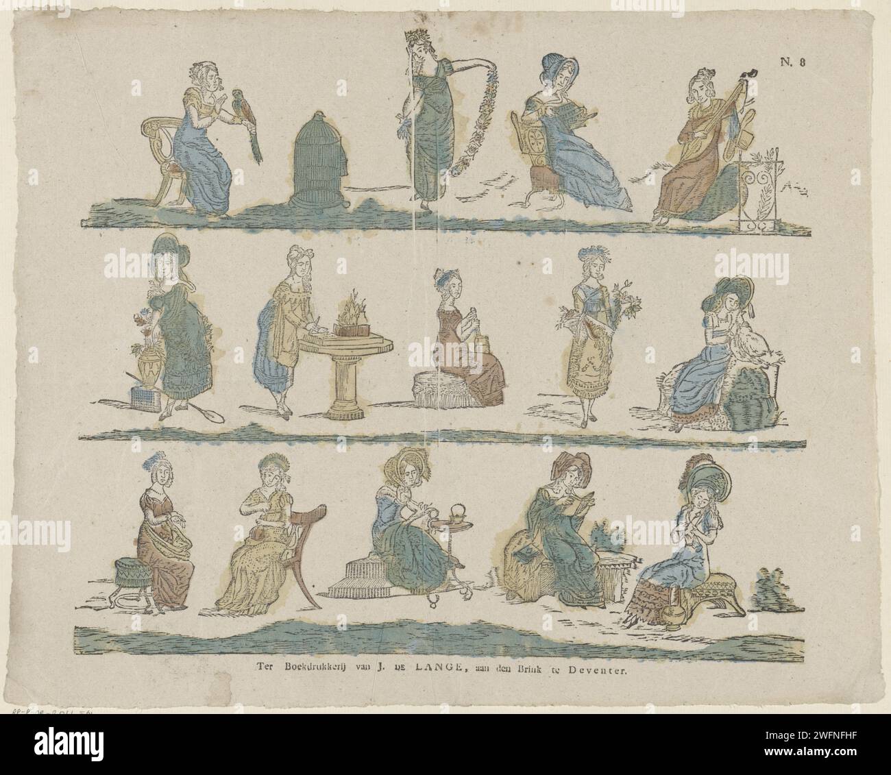 Weibliche Figuren und Aktivitäten, ca. 1822 - 1849 Print Blatt mit 3 Reihen mit Darbietungen von Aktivitäten für Frauen wie Tanzen, Lesen und Musik. Rechts oben nummeriert: N. 8. Verlag: Deventerprint Maker: Niederländische Buchdruckmusiker bei der Arbeit. Messwert. Tanzen Stockfoto