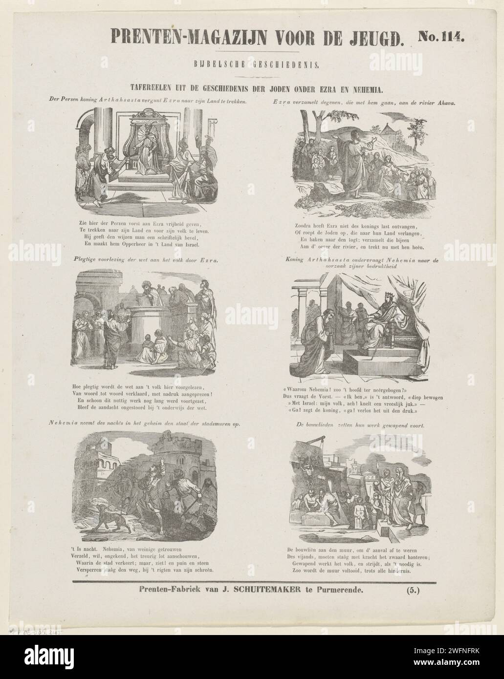 Szenen aus der Geschichte der Juden unter Esra und Nehemia, 1850 Print Blatt mit 6 Darbietungen von Geschichten aus dem Alten Testament. Über jedem Bild ein Titel, unter jedem Bild ein vierzeiliger Vers. Oben rechts nummeriert: Nr. 114, unten rechts: (5.). Verlag: Purmerendprint Maker: Niederlande Papier Buchdruck altes Testament. Die Bücher von Esra, Nehemia und Esdras. Die Rückkehr von Esra (Esra 7-8) Stockfoto
