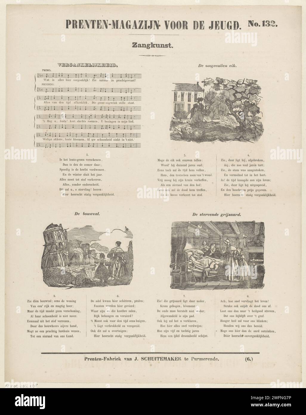 Transience, 1850 Print Leaf mit 3 Aufführungen und einem Notenstück mit einem Lied über Transience. Darüber ist jeweils ein Titel und unter jedem Aufführungskoffer des Songs zu sehen. Oben rechts nummeriert: Nr. 132, unten rechts: (6.). Verlag: Purmerendprint Maker: Niederlande Papier Buchdruck Landschaft mit Ruinen. Bäume: Eiche. Sterben. Alter Mann Stockfoto