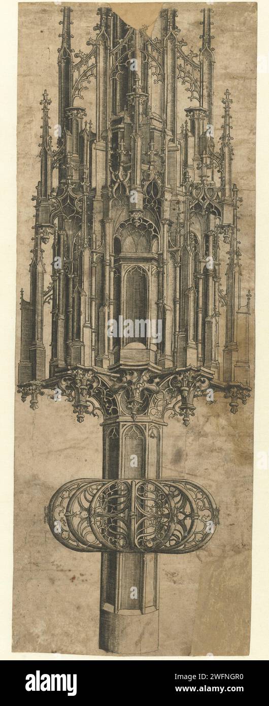 Bisschopstaf, 1465 - 1485 drucken die untere Hälfte eines Abdrucks mit einem großen Bischofsstab. Niederländische Papiergravur Insignien des Bischofs, z. B. Mitra, crozier Stockfoto