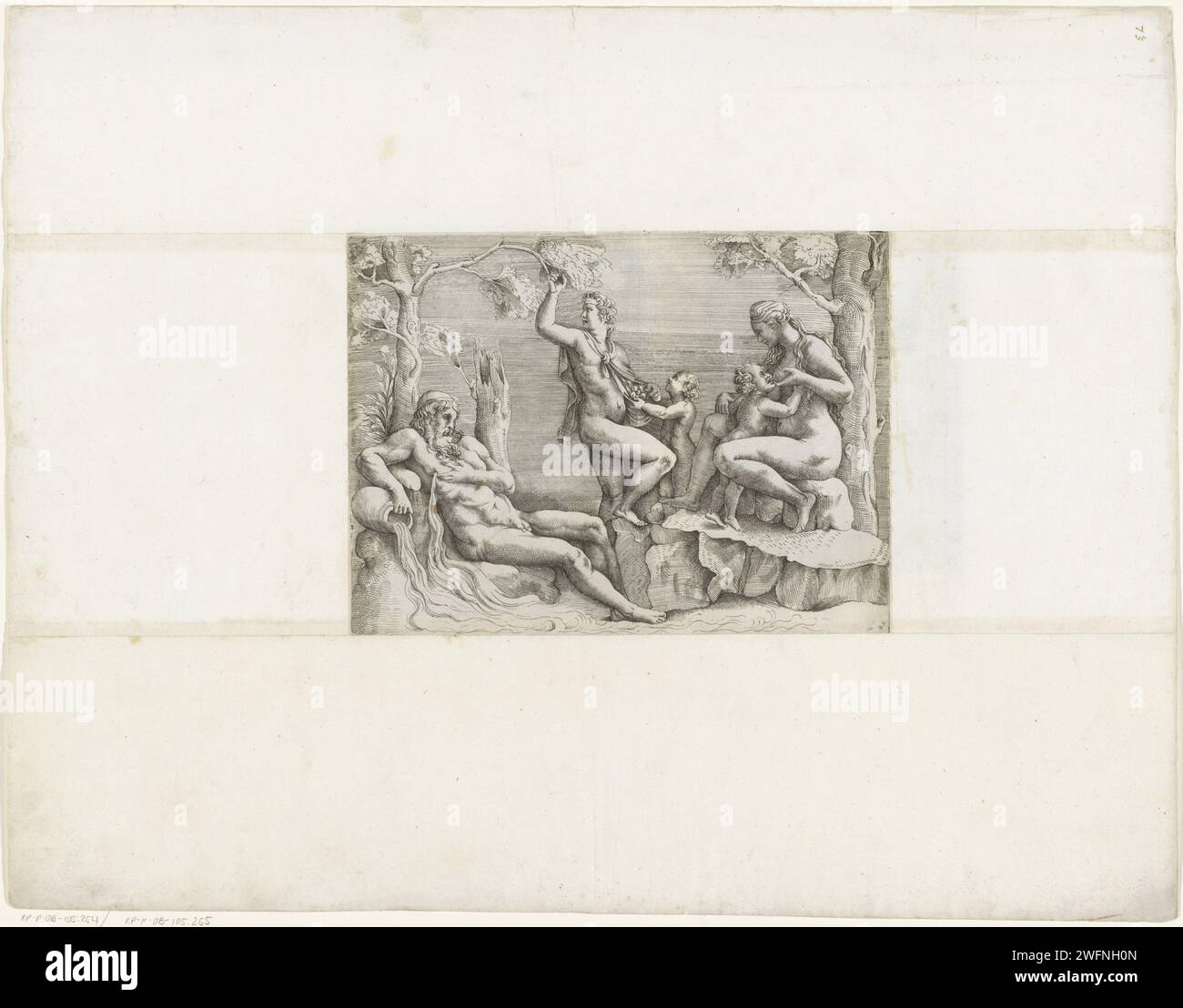 Goldenes Zeitalter, Battista Franco, nach Giulio Romano, 1520 - 1561 drucken die goldene Ära. Links ein Flussgott, der einen Fluss aus seinem Nippel springen lässt. Ein Mann, der Früchte von einem Baum pflückt. Rechts eine stillende Frau. Druckerei: VeniceAfter Design von: Italien Papierätzung Personifizierung des Goldenen Zeitalters; „Age of Gold“ (Ripa) Stockfoto