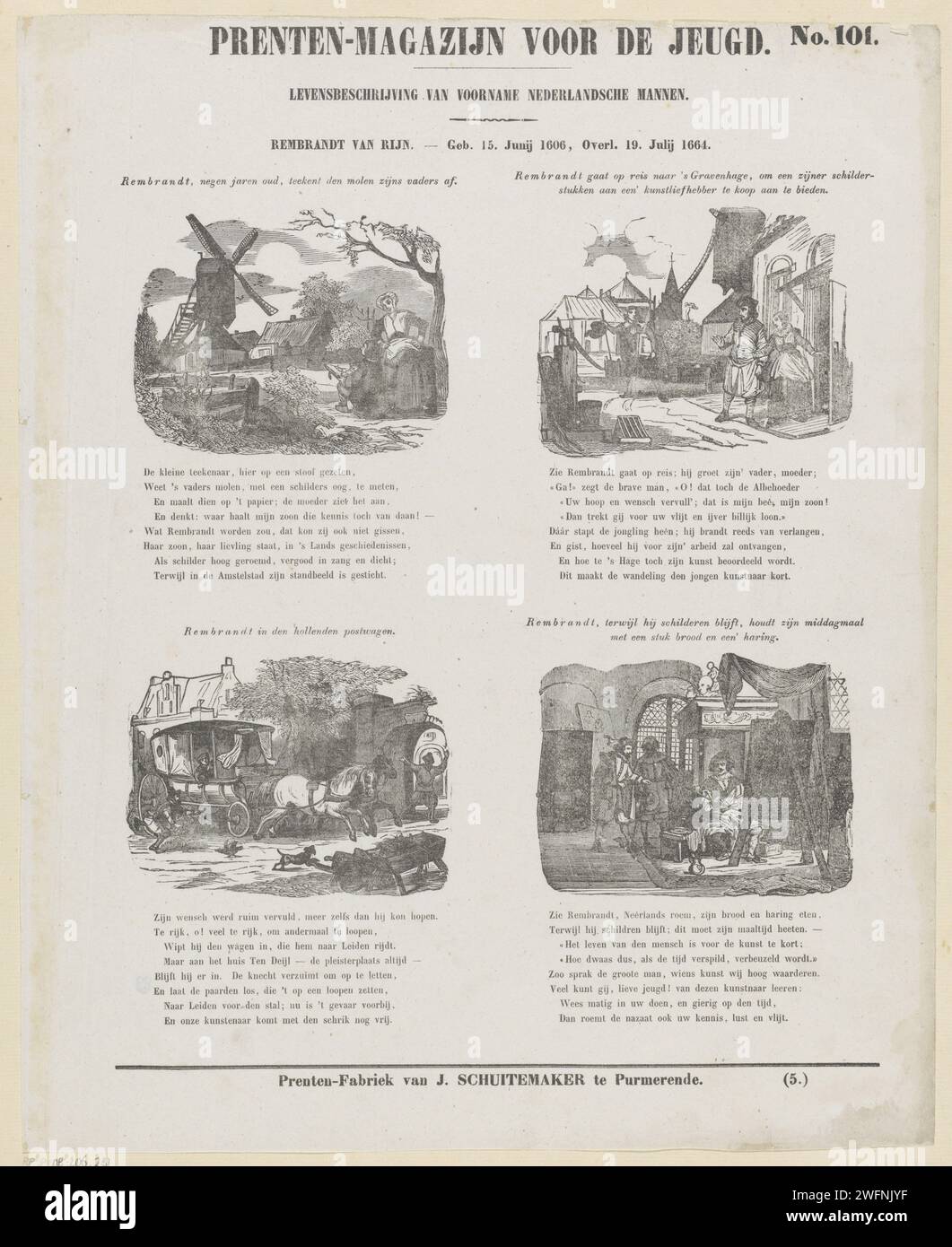 Rembrandt van Rijn. - Geb. 15. Juni 1606, dez. 19. Juli 1664, 1850 - 1881 Print Leaf mit 4 Aufführungen aus dem Leben von Rembrandt Harmensz. Van Rijn. Ein Titel über jeder Aufführung und ein achtzeiliger Vers darunter. Oben rechts nummeriert: Nr. 101, unten rechts: (5.). Verlag: Purmerendprint Maker: Niederlande Papier Buchdruck Geschichte. Maler bei der Arbeit, in seinem Atelier Stockfoto