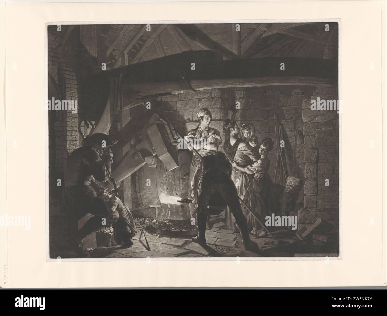 Familie in einem Iron Meder, Richard Earlom, nach Joseph Wright von Derby, 1778 Druck London Paper smith, Schmied. Familienleben. Eisen- und Stahlindustrie Stockfoto
