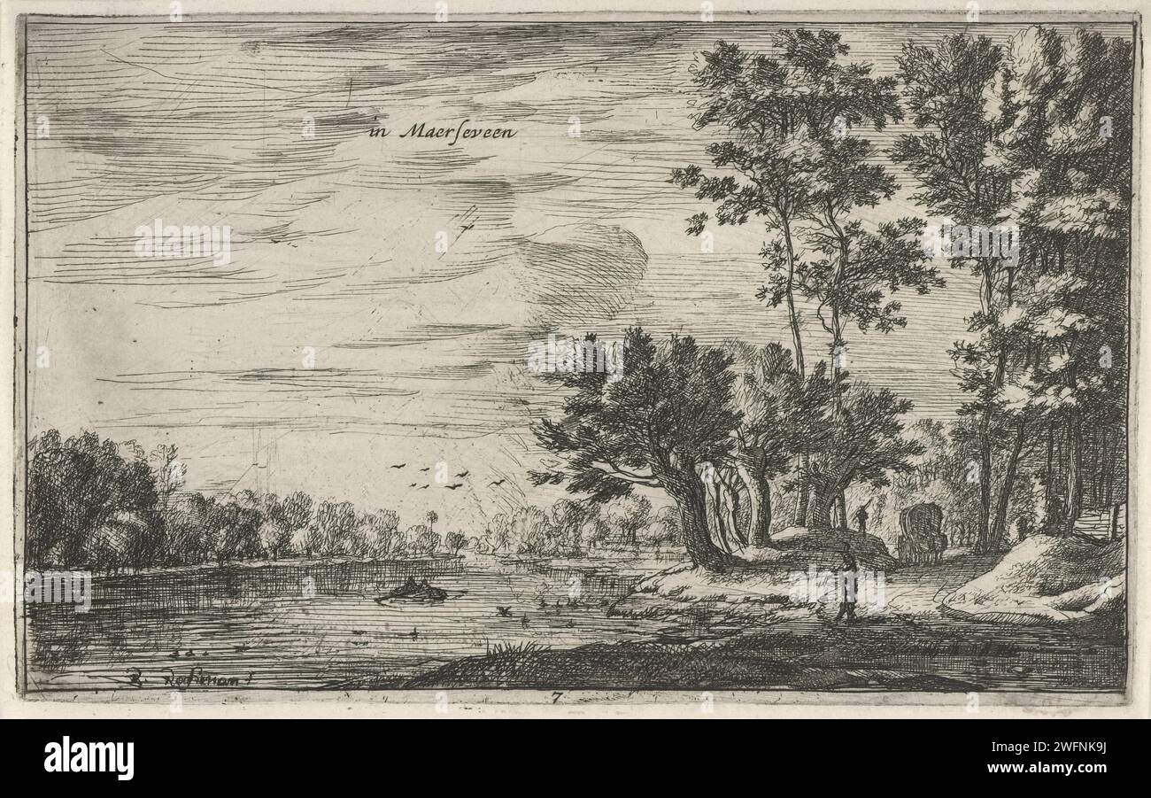 Flussufer bei Maarsseveen, Roelant Roghman, 1637 - 1677 Drucken Blick auf den Fluss Vecht in der Nähe des Dorfes Maarsseveen. Ein Fischer hat seine Rute auf die Uferpromenade geworfen. Ein Ruderboot auf der Vecht und ein kurviger Pfad mit einer Kutsche am Ufer. Unten am Rand nummeriert: 7. Amsterdam Papierätzung / Trockenpunkt Fluss. fischer. Ruderboot, Kanu usw. Maarsseveen Stockfoto