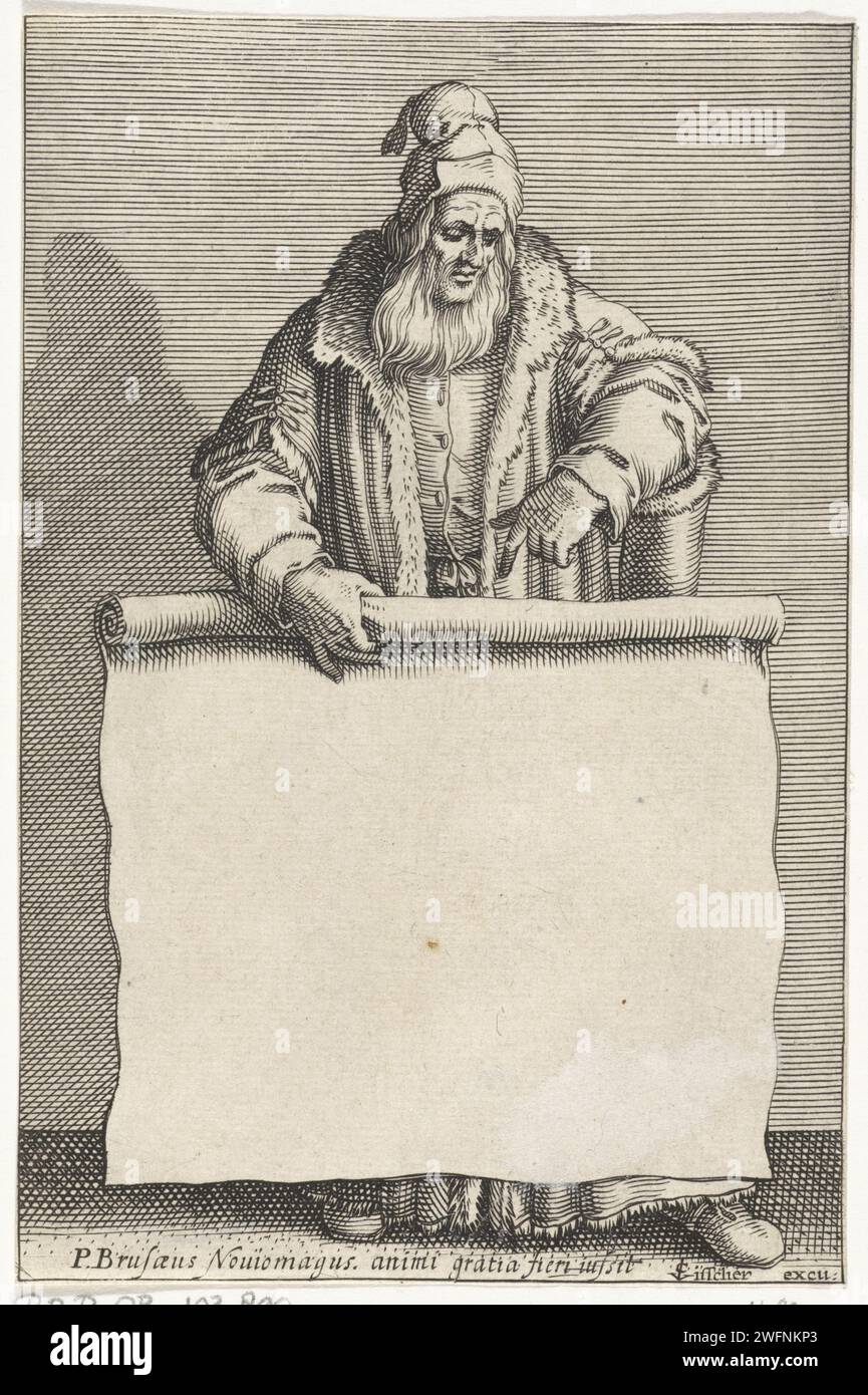 Alter Mann mit Papierrolle, Pieter Serwouters, 1601 - 1657 Druck Alter Mann mit Bart und Pelzkragen mit einer ausgerollten Rolle in der Hand. Er zeigt mit dem Finger auf die ungeschriebene Schreibfläche. Amsterdamer Papiergravur alter Mann. Scroll - LL - Scroll ungefaltet Stockfoto