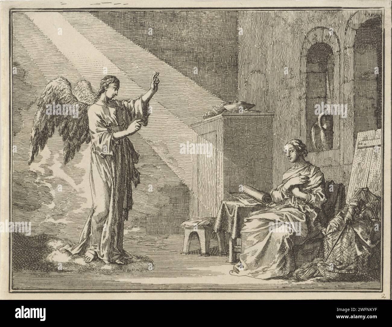 Verkündigung, Jan Luyken, 1712 Druck Amsterdam Papier ätzend die Verkündigung: Maria, meist liest, wird vom Engel besucht (manchmal hört eine Frau das Gespräch) Stockfoto