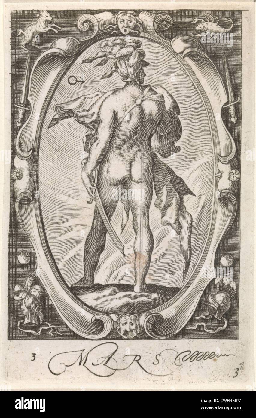 Mars, anonym, nach Jacob Matham, nach Hendrick Goltzius, 1717 - 1732 Druck Mars, auf dem Rücken gesehen, mit Schild, Helm und Schwert. Zu seiner Linken das astronomische Symbol für seinen Planeten. In einer ovalen Kartusche mit den beiden Tierkreiszeichen RAM und Skorpion. Amsterdamer Papierstich Mars und seine Kinder („Planetenkinder“) Stockfoto