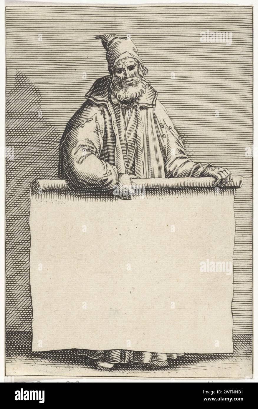 Alter Mann mit Papierrolle, Pieter Serwouters, 1601 - 1657 Druck Alter Mann mit Bart und quadratischem Kragen mit einer ausgerollten Rolle in der Hand. Er hält das ungeschriebene Blatt Papier mit beiden Händen. Amsterdamer Papiergravur alter Mann. Scroll - LL - Scroll ungefaltet Stockfoto