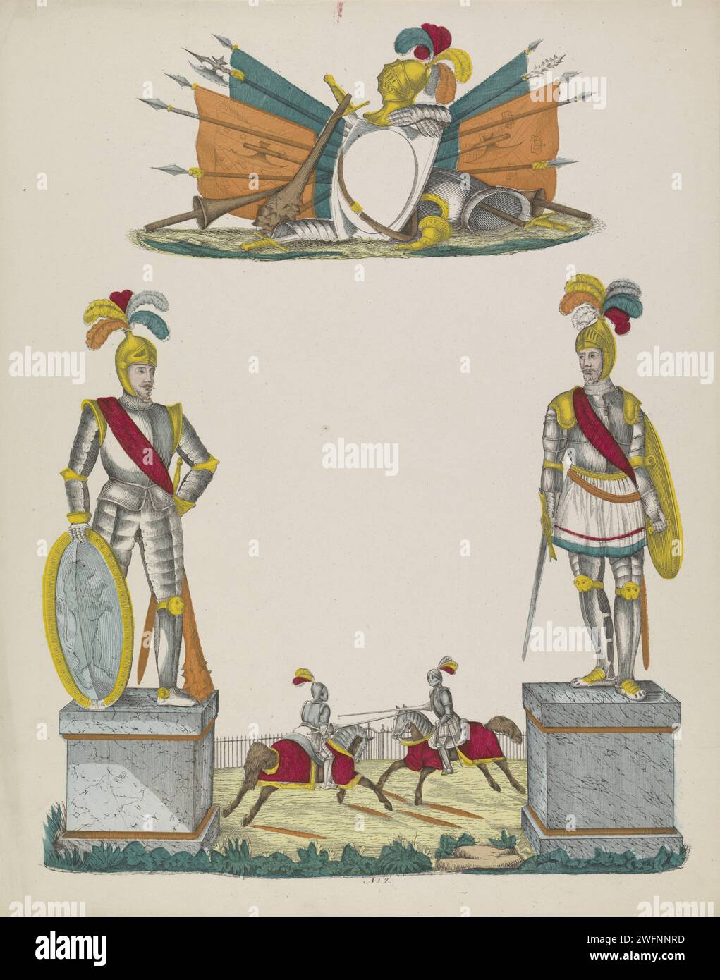 Wunschbrief mit Ritterturnier, ca. 1780 - ca. 1899 Druck Wunschbrief mit ungeschriebener Kartusche im dekorativen Rahmen mit Aufführungen von Rittern, Waffen, Fahnen und einem Ritterturnier. In der Mitte nummeriert: Nr. 2. Niederländischer Zeitungsritter. Bügel, Kippen Stockfoto