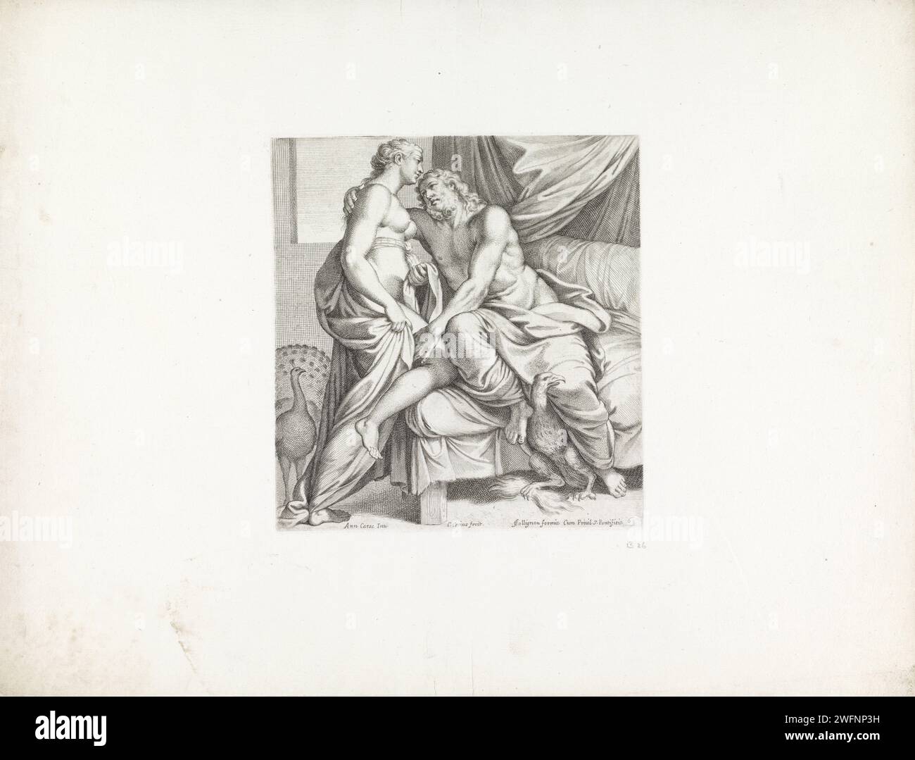Jupiter en Juno, Carlo Cesio, nach Annibale Carracci, 1656 Druck Jupiter sitzt im Bett mit einem Adler zu seinen Füßen. Juno klettert auch ins Bett. Hinter ihr ist ein Pfau. Printmacher: RomeAfter Design von: ItalienVerlag: RomeVaticaanstad Papier ätzt Jupiter und Juno als Liebhaber Stockfoto