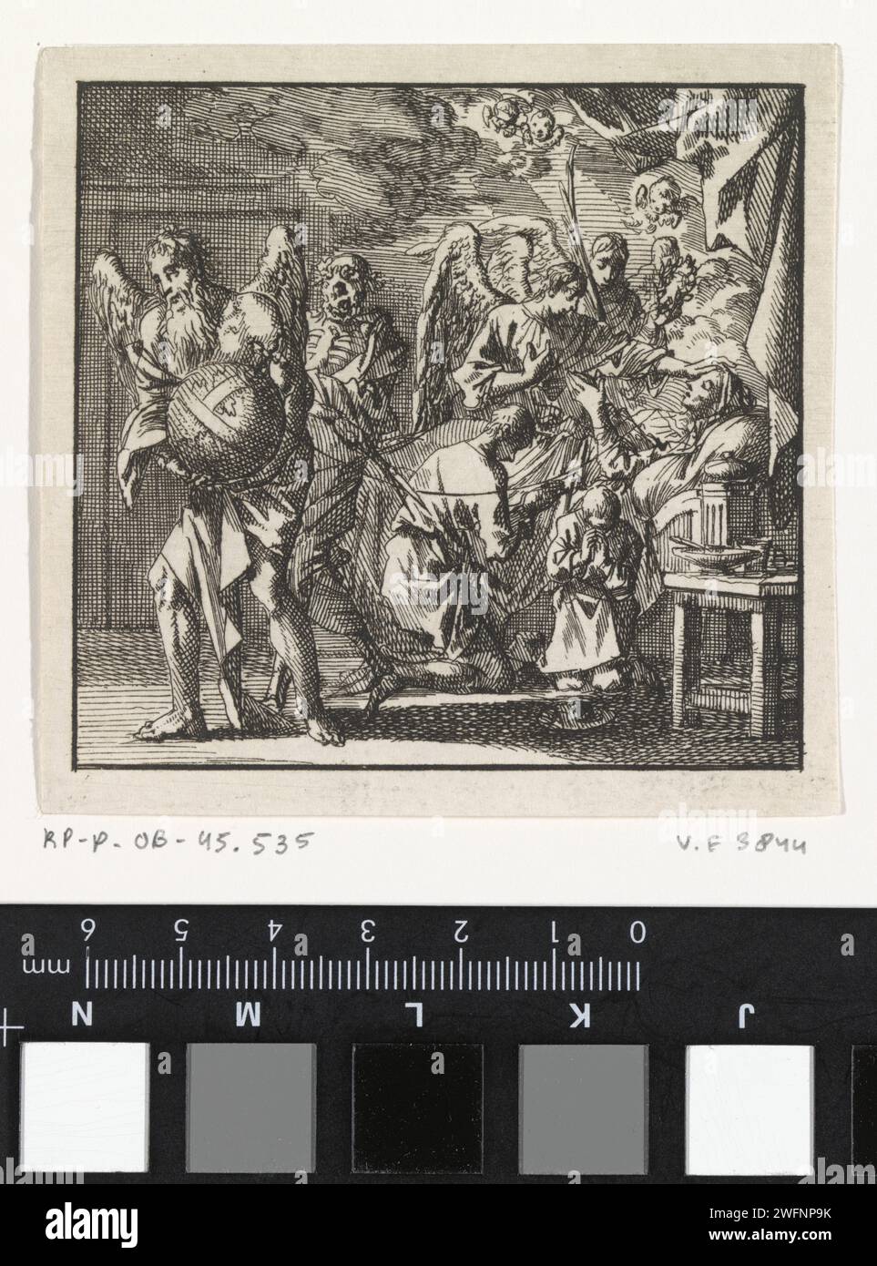 Der Tod ist dabei, den Faden einer sterbenden Frau zu schneiden, Jan Luyken, 1710 Druck Amsterdam Papier ätzend Tod als Skelett - FF - Tod als Frau. Vater Zeit, Mann mit Flügeln und Sense. Friedliches Sterben, glücklicher Tod Stockfoto